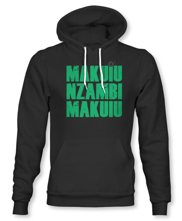 Makuiu Nzambi Makuiu on black hoodie by NaGira