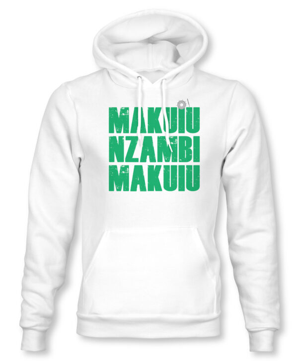 Makuiu Nzambi Makuiu on white hoodie by NaGira